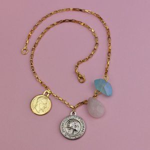 Raw blue quartz and rose quartz necklace with coin charms, gold chain necklace